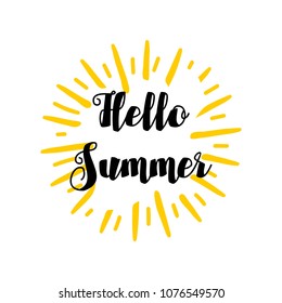Hello summer calligraphic text on burst vector background. Hello Summer text on golden burst 