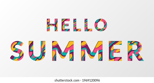 Hello Summer Calligraphic Text With Paper Cut Origami Effect Background. Summer Card With Greeting To Its Start Papercut Text. Hello To Summer Inscription Cut Of Colorful Paper