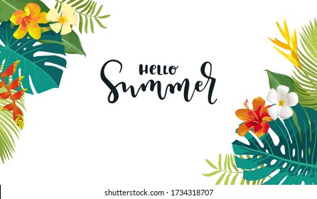 Hola tarjeta de caligrafía de verano. Pancarta horizontal de verano, afiche con hojas tropicales exóticas, flores. Fondo de la jungla brillante. Colores vivos. El entorno de las fiestas en la playa de Hawái. Vector Eps 10