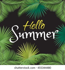 Hello summer, calligraphy lettering banner. Brazil 2023 Rio carnival festival. Sport kids camp Tropical beach event. Sea beach party. Palm tree leaves frame. Vector exotic botanical green leafs jungle