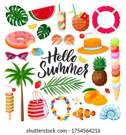 Hello summer calligraphy lettering, beach, travel and tropical design elements set. Vacation holiday icons, isolated on white background. Vector flat cartoon fun cute illustration