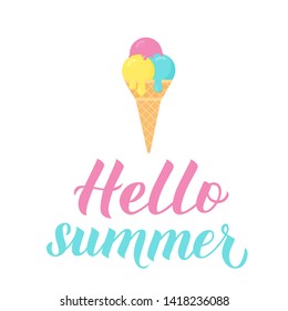 Hello summer calligraphy lettering with colorful ice cream. Inspirational seasonal quote typography poster. Hand written logo design. Easy to edit vector template for banner, flyer, sticker. 