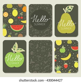 Hello summer. Calligraphy. Lettering. Cute romantic vector cards, posters, stickers with fruits. 