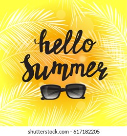 hello summer calligraphy lettering on a yellow background with palm leaves