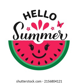 Hallo Sommer Kalligraphie-Schrift mit lächelnden Wassermelonen. Saisonales typografisches Poster. Einfach zu bearbeiten Vektorvorlage für Banner, Flyer, Aufkleber, Hemd, etc.