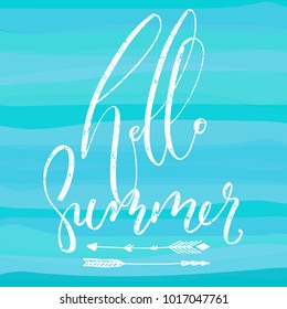 Hello Summer calligraphy text  inscription on blue lines background