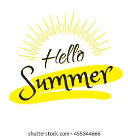 Hello summer, calligraphy text T Shirt vector illustration. Hello Summer banner Rio de Janeiro party banner. Sunny logo. Hello carnival icon. Travel poster. Summer in Brazil. Summer Sport camp sun ray