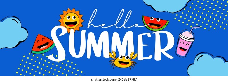 Diseño de póster de campamento de verano con divertidos personajes de dibujos animados.