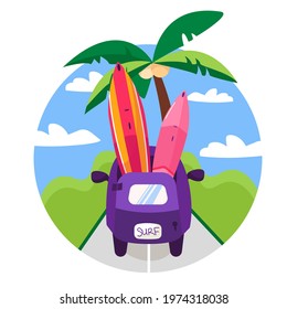 Hello summer! Camper van. Summer vacation. Camper van with surfboards. Summer travel with car. Summer vacation surfing bus. Cartoon landscape with car rides on the road.
