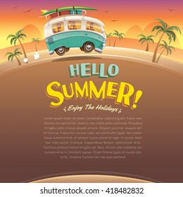 Hello summer! Camper van. Summer vacation. Wide copy space for text.