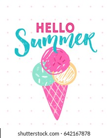 Hello Summer Caption With 3 Balls Of Ice Cream In Cone. Vector Hand Drawn Illustration.