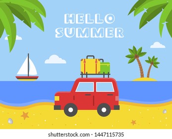 Hello Summer, Car With Luggage On The Beach Vector Illustration