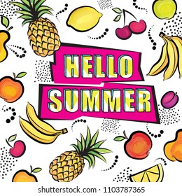 Hello summer card background in 80s style over painted tropical fuit set dotted pattern with pop art lettering