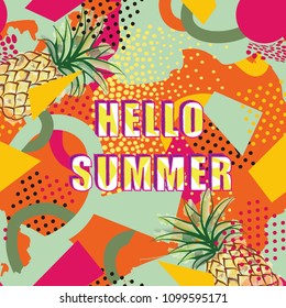 Hello summer card background over abstract blot creative painted dotted pattern in 1980s style.