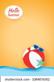 Hello summer card banner with beach ball paper art background. 