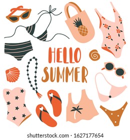 Hello summer card, banner. Hand drawn clothes and accessories set. Cute swimsuit, sunglasses, bag, shells. Doodle sea vacation or holiday symbols. Beach elements fashion collection with lettering