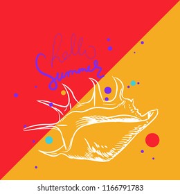 Hello summer card banner. Lambis spider conch, large sea snail, a marine gastropod mollusk in the family Strombidae, conchs. Sketch white contour on orange red violet purple background. Vector