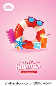 Hello summer card banner with life ring background. Use for poster, flyer, advertising, brochure, invitation, flyer.