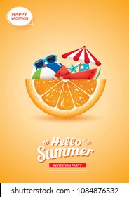 Hello summer card banner with orange background. Use for poster, flyer, advertising, brochure, invitation, flyer.
