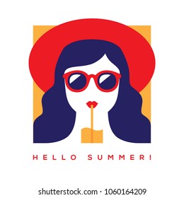 Hello summer card, banner or poster design with girl in red summer hat and sunglasses drinking cocktail. Flat illustration in retro style.