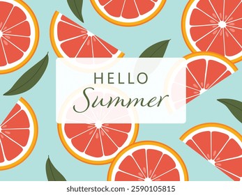 Hello summer card, banner in trendy bright colors with citrus fruits and text.