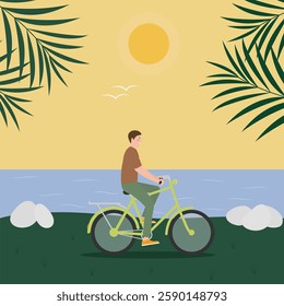 Hello summer card, banner in trendy bright colors with tropical leaves, sea, sun, bike