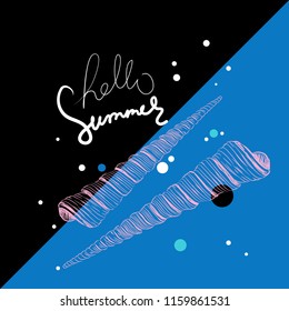 Hello summer card banner. Turrid Vetigastropoda is a major taxonomic group of sea snails shell. Sketch contour on blue black background. Vector