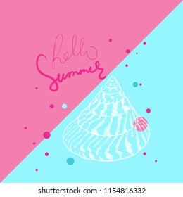 Hello summer card banner. Unique museum sea shell sea snail. Sketch contour on pink blue background. Vector