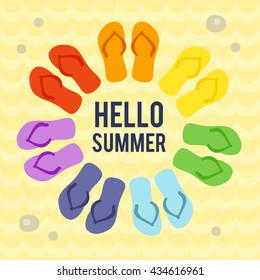 Hello Summer card with beach thongs on the sand. Design for invitation, banner, card, poster, flyer, website designs. Art vector illustration.
