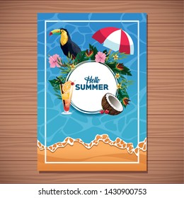 Hello summer card with beach and vacations cartoons on wooden background. Summer and vacations poster.