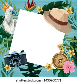 Hello summer card with beach and vacations cartoons on wooden background. Summer and vacations poster.