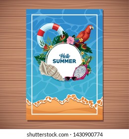 Hello summer card with beach and vacations cartoons on wooden background. Summer and vacations poster.