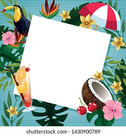 Hello summer card with beach and vacations cartoons on wooden background. Summer and vacations poster.