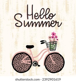 Hello summer card. Bicycle with a beautiful bouquet of flowers and green leaves. Vector illustration isolated on white background.