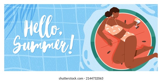 Hello summer card with black woman in bikini relaxing in water pool, swimming on watermelon ring with cocktail on summertime holiday. Tropical vacation banner. Colored flat vector illustration.