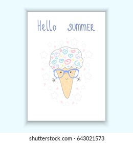 Hello summer card with cartoon ice cream. Printable template.