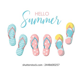 Hello summer card. Colorful summer flip flops on white background. Slippers summer background. Summer design element for poster, banner, badge, label, print, card, travel.