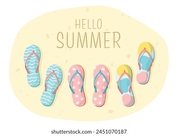 Hello summer card. Colorful flip flops on sand. Slippers summer beach background. Summer design for poster, banner, badge, label, print, card, travel.