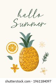 Hello summer card with cute hand drawn pineapple illustration.