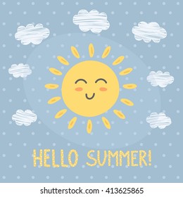 Hello Summer card with a cute sun. Vector illustration