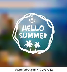Hello Summer card design, banner template Beach mountain island on blue waves sea ocean blur background, white green blue. Vector
