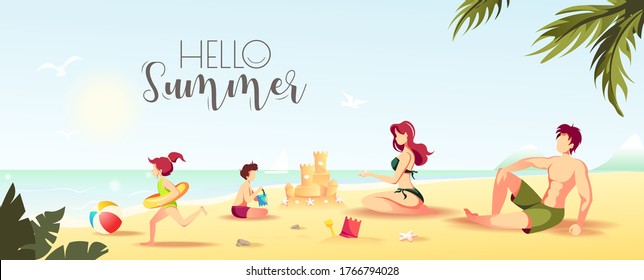 Hello Summer card design with family sunbathing on the beach. Vector Illustration for Beach Holidays, Summer vacation, Leisure, Recreation, Nature. Poster, banner, cover, postcard design.