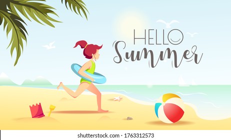 Hello Summer card design with girl running on the seashore with rubber ring. Vector Illustration for Beach Holidays, Summer vacation, Leisure, Recreation, Nature, Childhood.