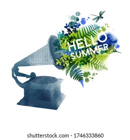 hello summer card design. Vector vintage gramaphone with watercolor leaves.