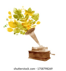 Hello summer card design. Vector illustration of gramophone and watercolor leaves. 
