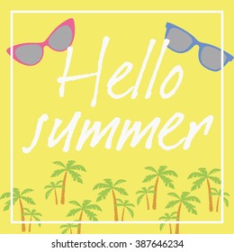 'Hello summer' card design, Vector illustration with palms and colorful glasses 