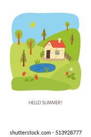 Hello summer card design. Winter landscape. Cartoon vector hand drawn eps 10 illustration.