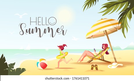Hello Summer card design with woman sitting in the sun lounger under a sunshade and girl with rubber ring. Vector Illustration for Beach Holidays, Summer vacation, Leisure, Recreation, Nature.