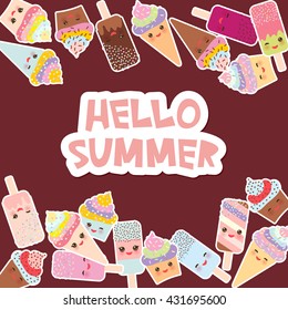 Hello Summer  Card design for your text. cupcakes with cream, ice cream in waffle cones, ice lolly  Kawaii with pink cheeks and winking eyes, pastel colors on dark brown background. Vector