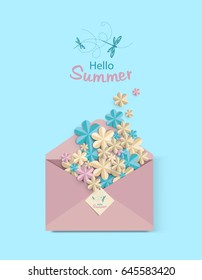 Hello Summer Card. Envelope concept with flowers. Paper floral background